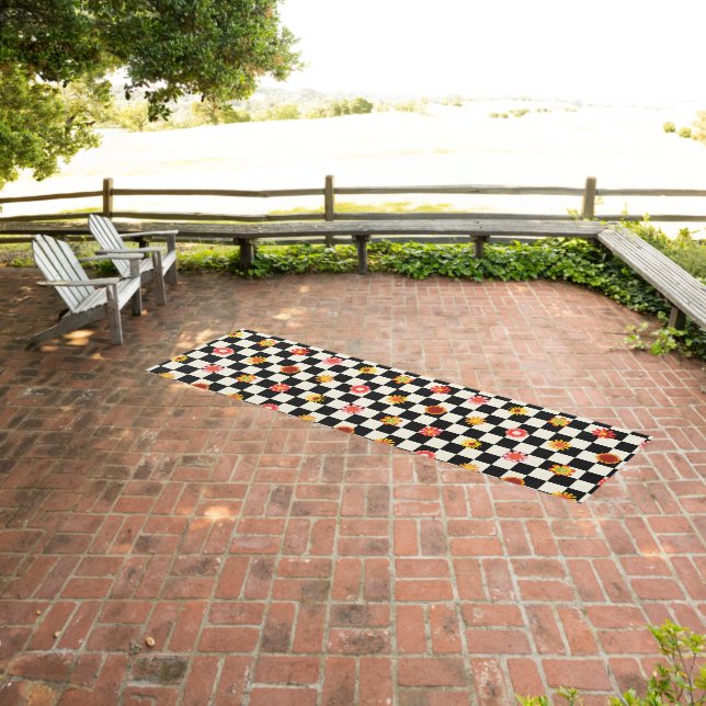 Groovy Daisy Floral Checkerboard, Y2K  Outdoor Rug (Insitu (Outdoor 3))