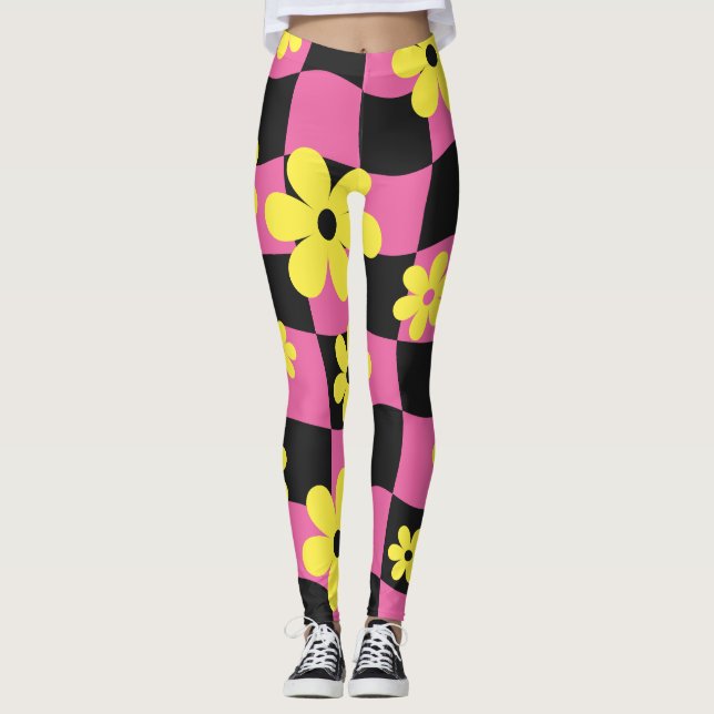 Groovy Daisy Floral Heart Checkerboard, Y2K 90s Leggings (Front)