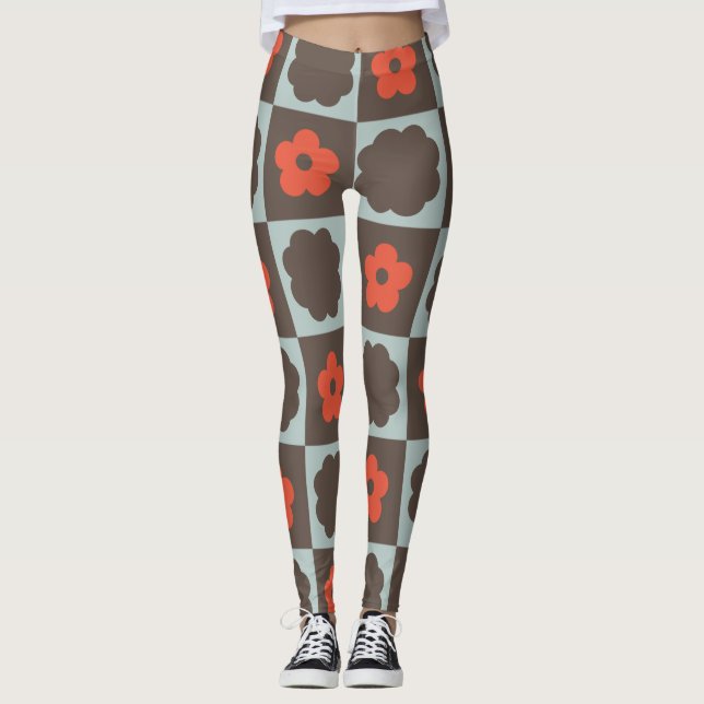 Groovy Daisy Floral Heart Checkerboard, Y2K 90s Leggings (Front)