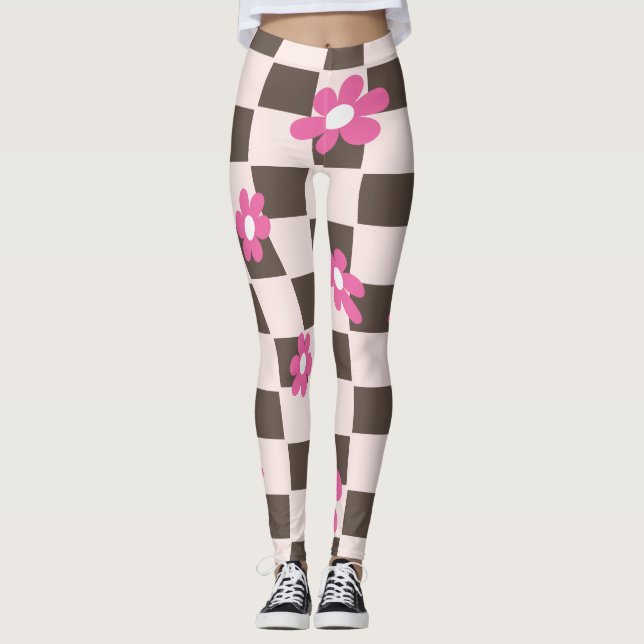 Groovy Daisy Floral Heart Checkerboard, Y2K 90s Leggings (Front)