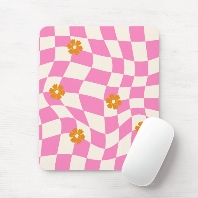 Groovy Daisy Floral Heart Checkerboard, Y2K 90s Mouse Pad (With Mouse)