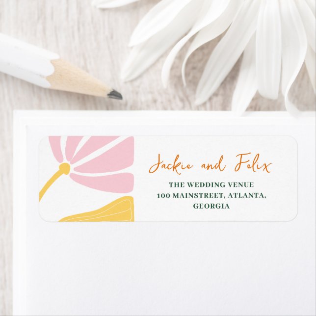 Groovy daisy floral pink & yellow wedding label (Insitu)