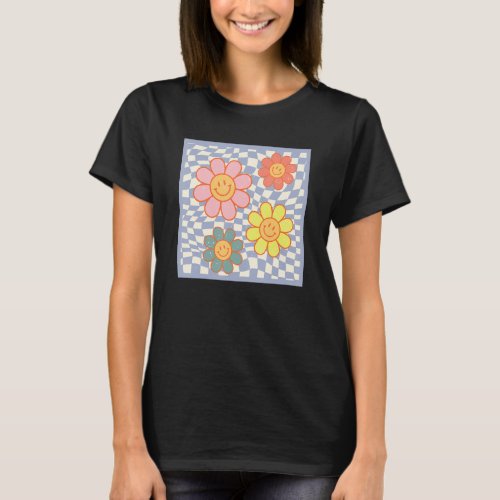 Groovy Daisy Flower Happy Face Hippie Checkered Fo T_Shirt