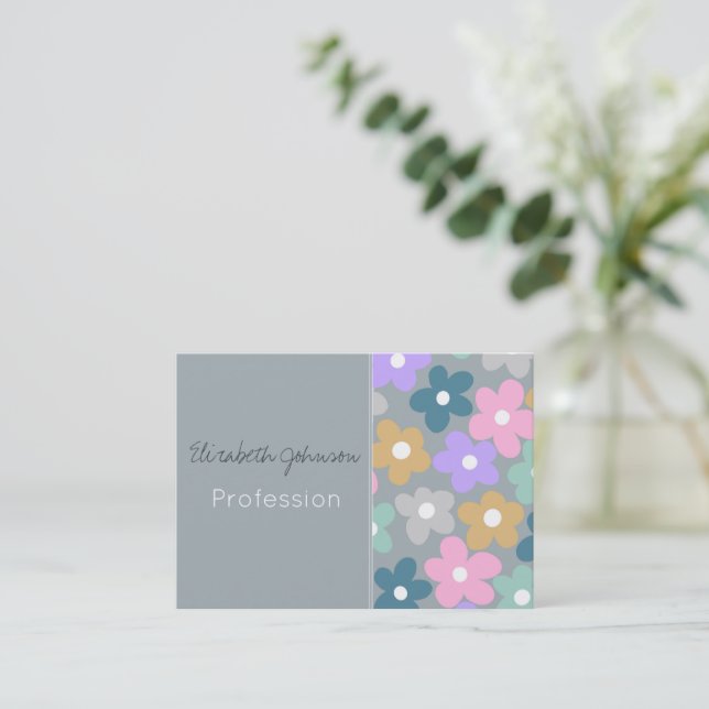 Groovy Daisy Flowers Gray Retro Boho Floral Business Card (Standing Front)