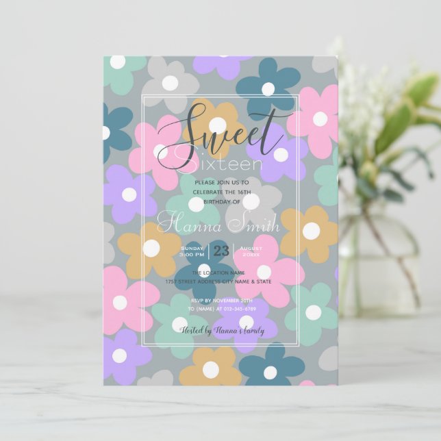 Groovy Daisy Flowers Gray Retro Boho Floral Invitation (Standing Front)