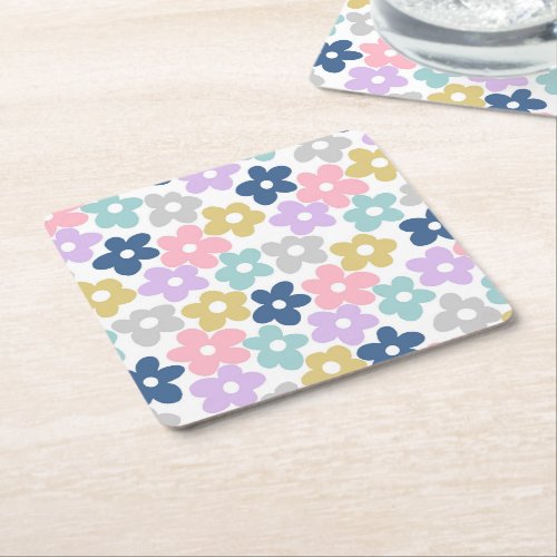 Groovy Daisy Flowers Retro Boho Floral Square Paper Coaster