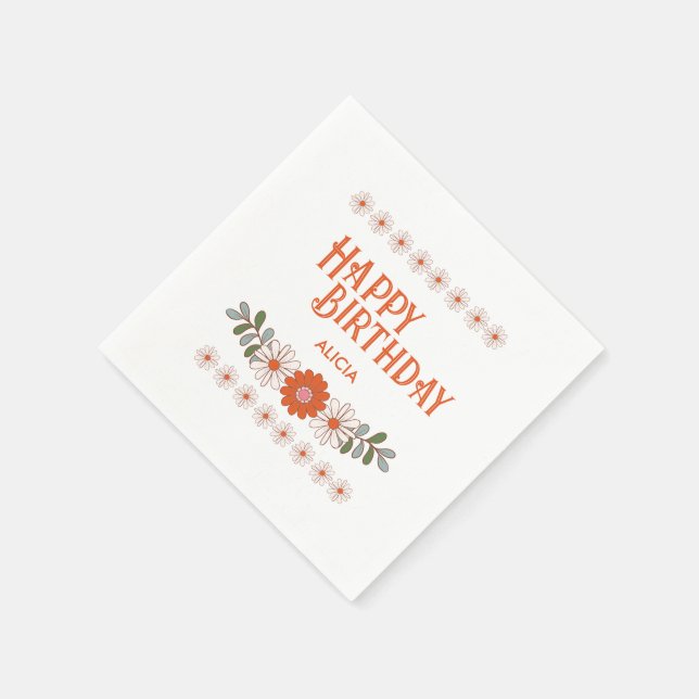 Groovy Daisy Hippie Flora Leaf Happy Birthday Napkins (Corner)