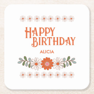 Groovy Daisy Hippie Flora Leaf Happy Birthday Square Paper Coaster