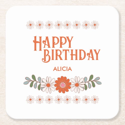Groovy Daisy Hippie Flora Leaf Happy Birthday Square Paper Coaster