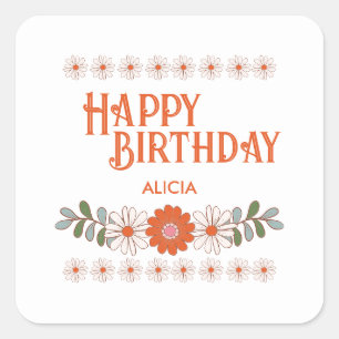 Groovy Daisy Hippie Flora Leaf Happy Birthday Square Sticker
