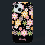 Groovy Daisy Pattern w/ Name Black iPhone 15 Case<br><div class="desc">This phone case features a cute retro groovy daisy pattern on a black background. Custom next allows you to personalize with your name.</div>