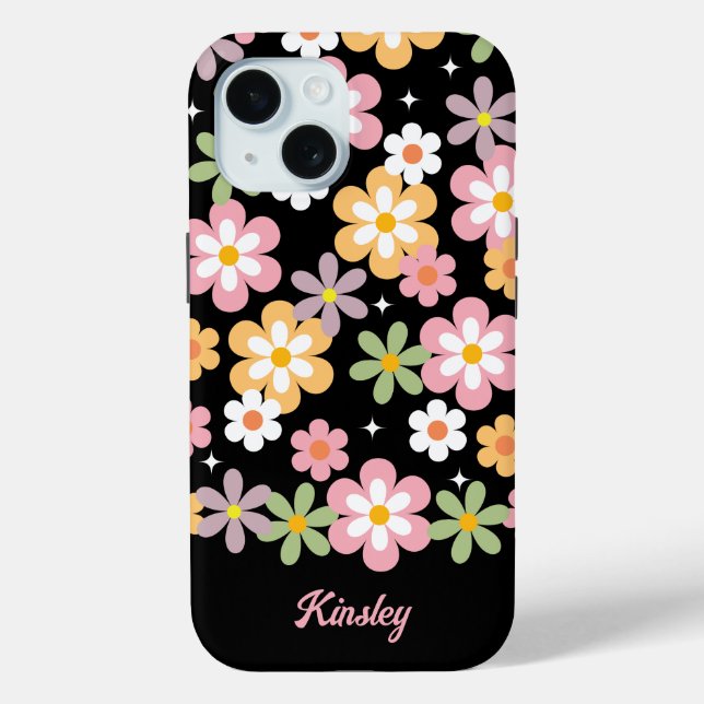 Groovy Daisy Pattern w/ Name Black Case-Mate iPhone Case (Back)