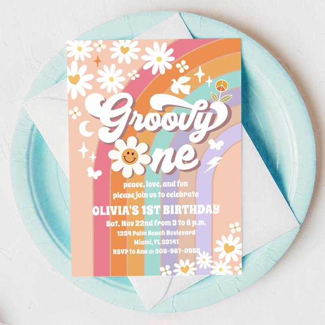 Groovy Daisy Rainbow 1st Birthday Invitation (Creator Uploaded)