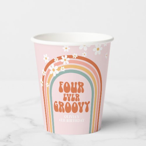 Groovy daisy rainbow 4th birthday Paper Cups