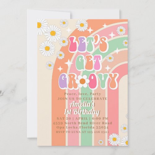  Groovy Daisy Rainbow Hippie Retro Birthday Invitation