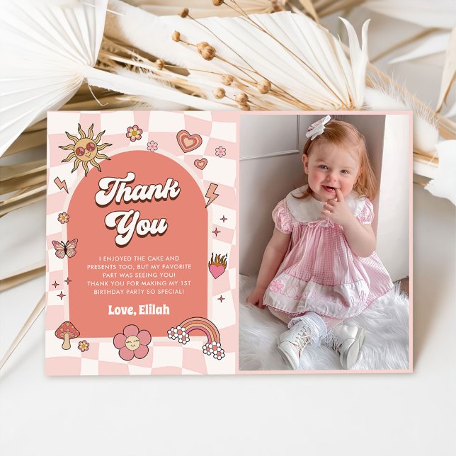 Groovy Daisy Retro 1st Birthday Party Photo Thank You Card (Creator Uploaded)