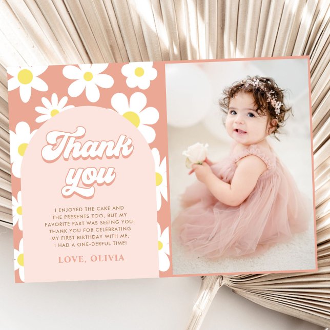 Groovy Daisy Retro Birthday Party Photo Thank You Card (Creator Uploaded)