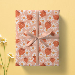 Groovy Daisy Strawberry Print Summer Spring Pink Wrapping Paper