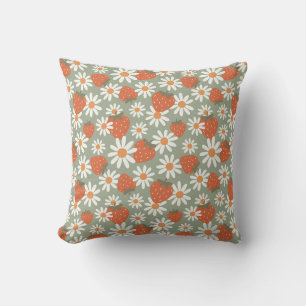 Groovy Daisy Strawberry Print Summer Spring Sage Throw Pillow