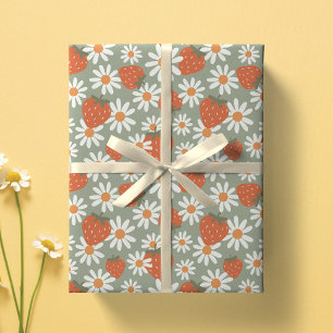 Groovy Daisy Strawberry Print Summer Spring Sage Wrapping Paper