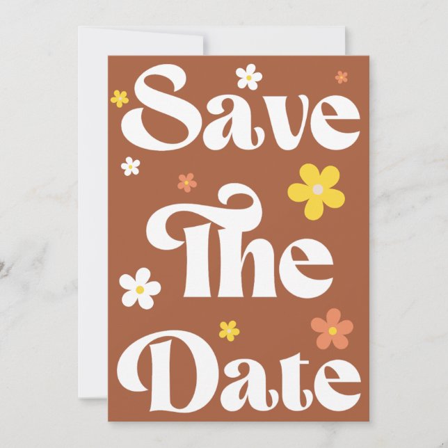 Groovy Daisy Terracotta Retro Typography & Photo Save The Date (Front)