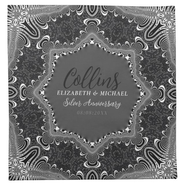 Groovy Dark Damask Black White Fractal Lace Cloth Napkin (Front)