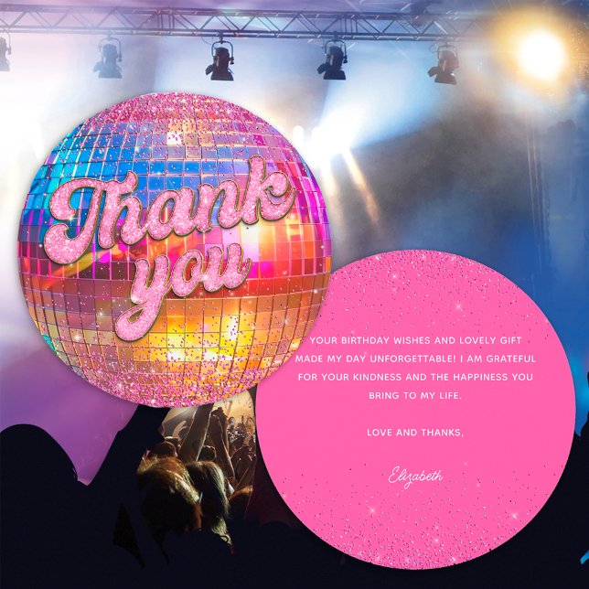 Groovy Disco Ball Birthday Party Gold Pink Glitter Thank You Card (Front/Back)