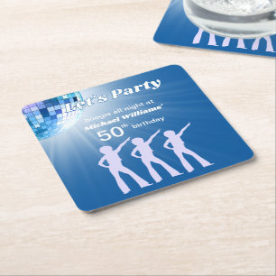 Groovy Disco Ball Blue Mans 50th Birthday Square Paper Coaster