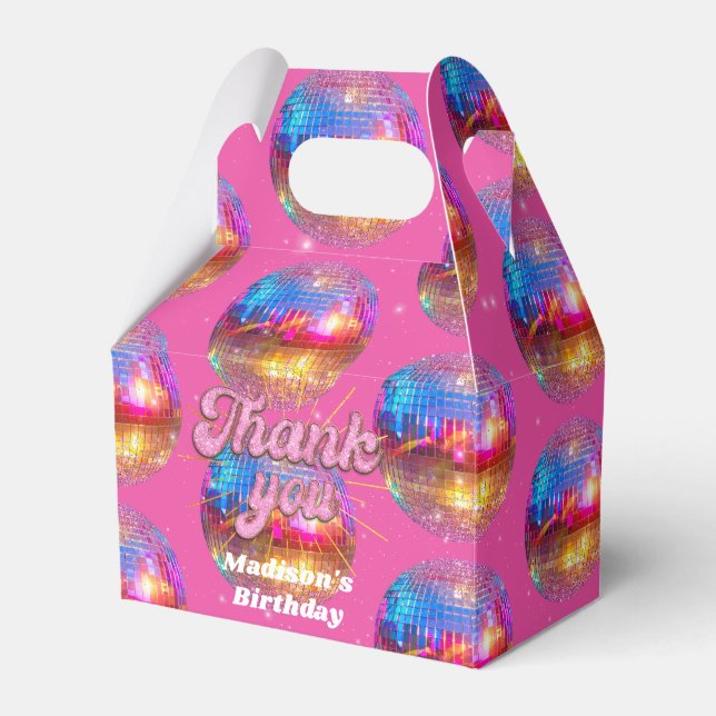 Groovy Disco Ball Gold Pink Glitter Birthday Party Favor Boxes (Front Side)