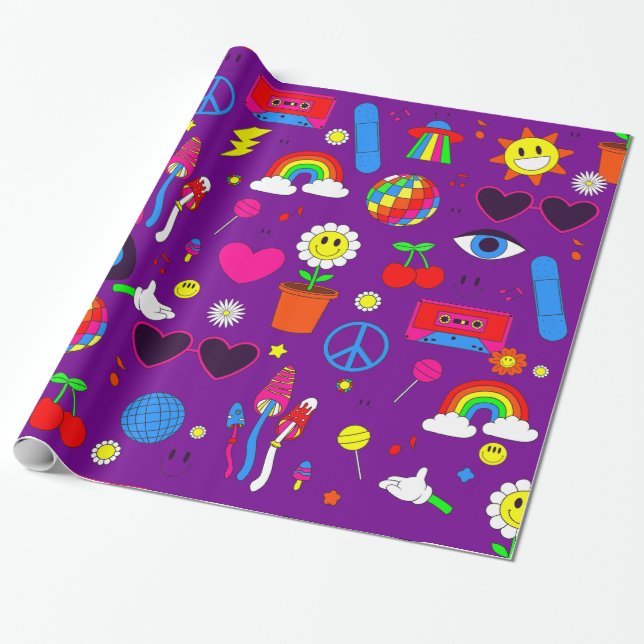 groovy disco daisy mushrooms purple wrapping paper (Unrolled)