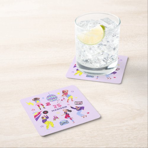 Groovy Disco Lila Girls Party Millennial Retro  Square Paper Coaster
