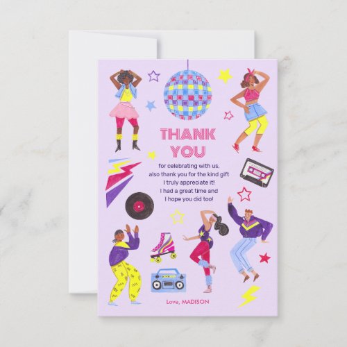 Groovy Disco Lila Party Retro 80s Girls Thank You Card