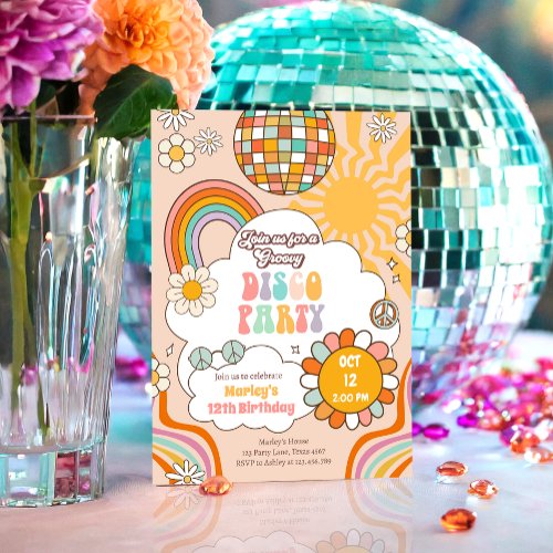 Groovy Disco Party Retro 70s Rainbow Teen Birthday Invitation