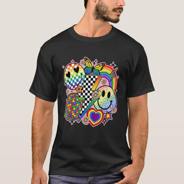 Groovy Disco Smile Face LGBTQ Pride Rainbow Flag V T-Shirt (Front)