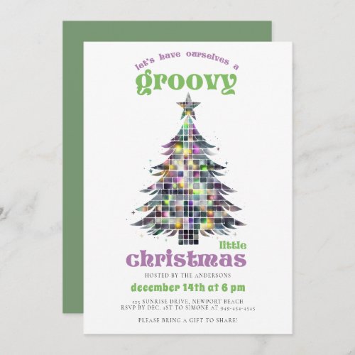 Groovy Disco Tree Retro Green Pink Christmas Party Invitation
