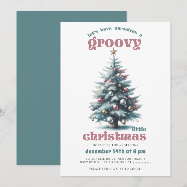 Groovy Disco Tree Retro Teal Pink Christmas Party Invitation (Front/Back)
