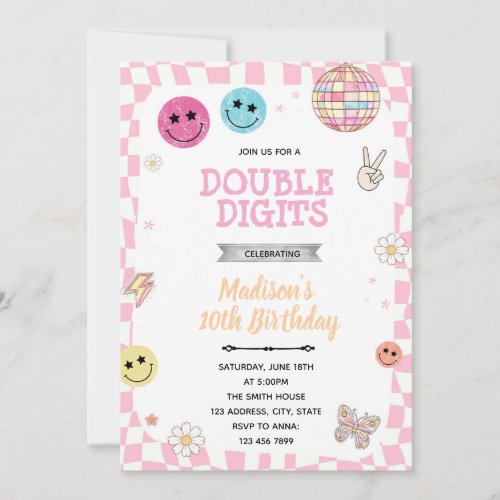Groovy Double Digits birthday party invitation