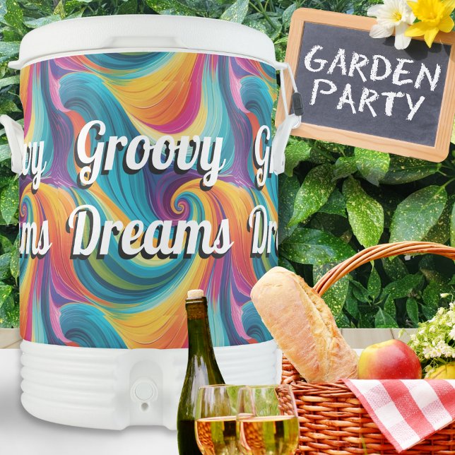 Groovy Dreams Colorful Retro Hippie Beverage Cooler (A drinks cooler with 'Groovy Dreams' in a script font, on a colorful swirling retro background)