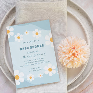 Groovy Dusty Blue Retro Daisy Floral Baby Shower Invitation