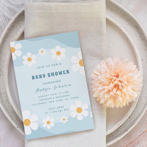 Groovy Dusty Blue Retro Daisy Floral Baby Shower   Invitation