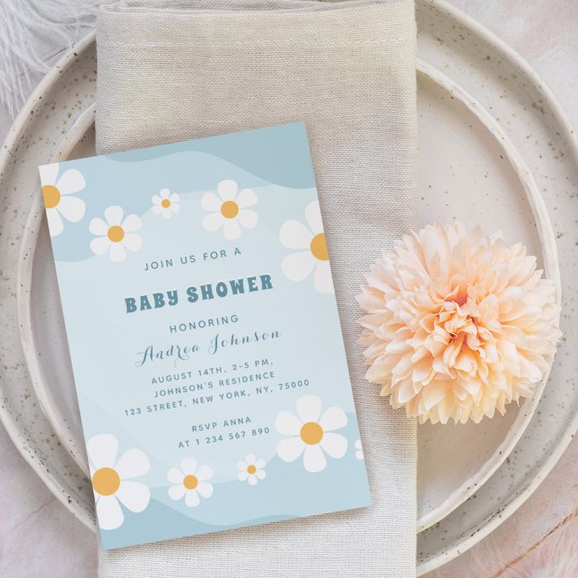 Groovy Dusty Blue Retro Daisy Floral Baby Shower   Invitation (Creator Uploaded)