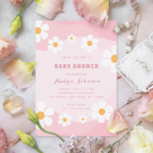 Groovy Dusty Pink Retro Daisy Floral Baby Shower Invitation