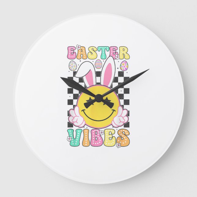 Groovy Easter Vibes Bunny Easter Day Smile Face Gi Large Clock (Front)
