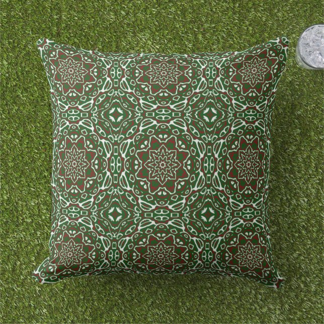 Groovy Eclectic Ornate Christmas Mandala Pattern Outdoor Pillow (Grass)
