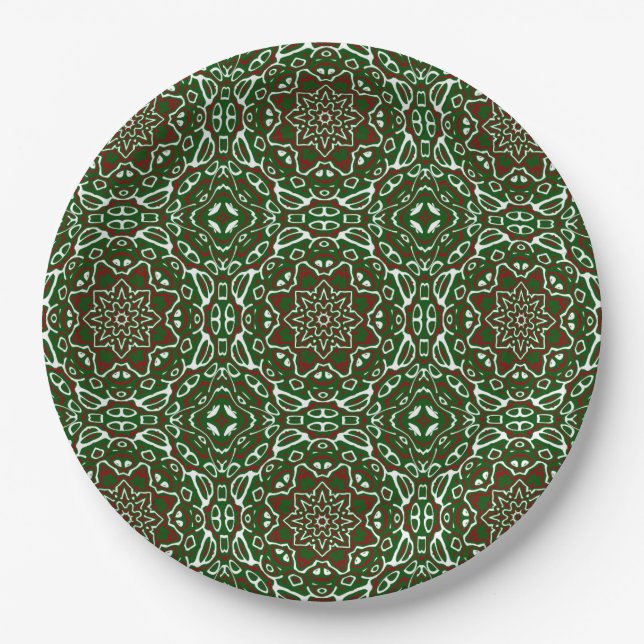 Groovy Eclectic Ornate Christmas Mandala Pattern Paper Plates (Front)