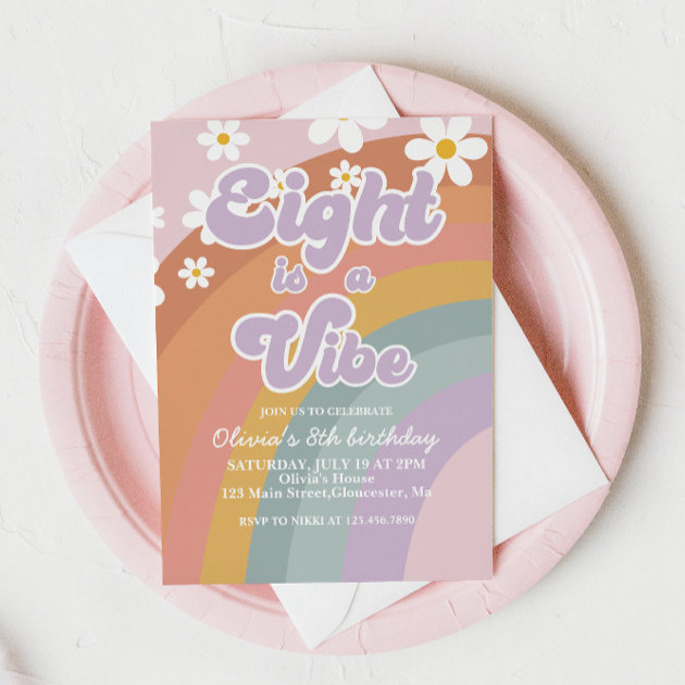 "Eight Is A Vibe" Retro Birthday Backdrop - 5ft X 3ft Hippie Rainbow Decor For 8th Birthday Party