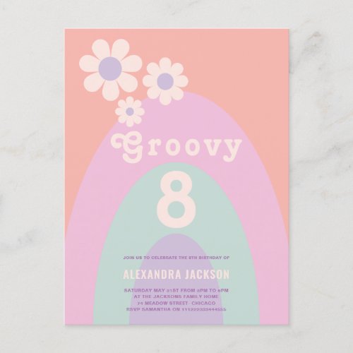 Groovy Eight Retro Rainbow Floral Birthday Party Invitation Postcard