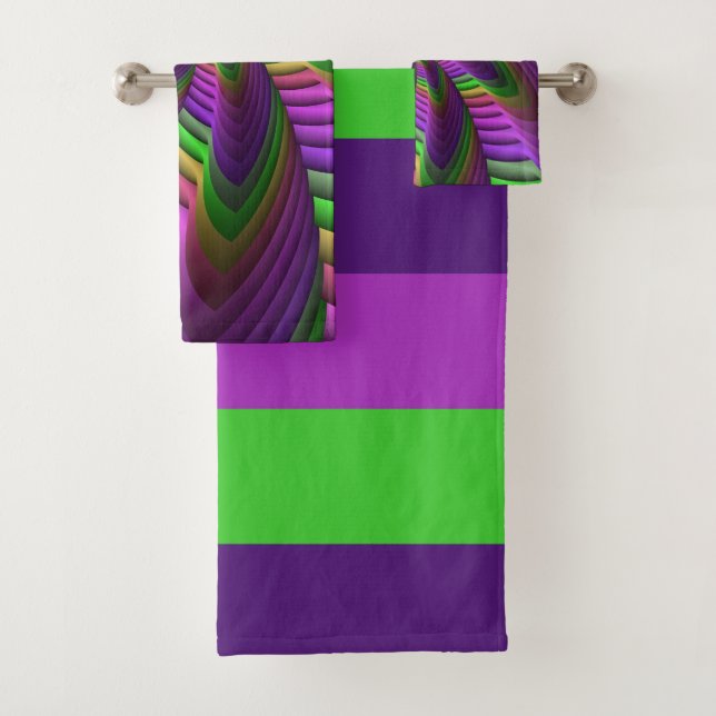 Groovy Energetic Colorful Neon Fractal Pattern Bath Towel Set (Insitu)