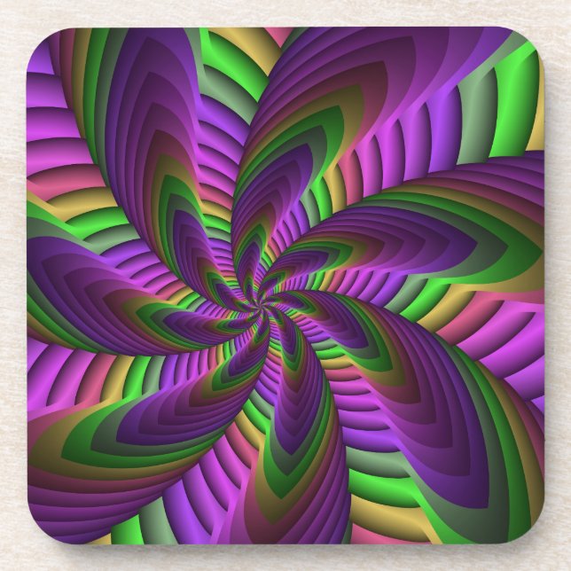 Groovy Energetic Colorful Neon Fractal Pattern Beverage Coaster (Front)