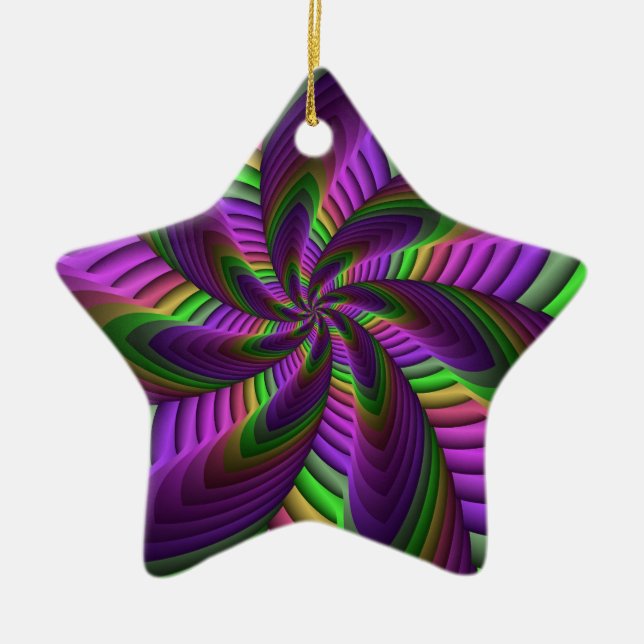 Groovy Energetic Colorful Neon Fractal Pattern Ceramic Ornament (Front)
